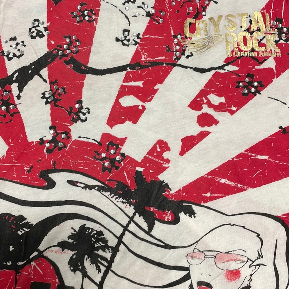Crystal Rock by Christian Audigier Rhinestone Black White Red Tank Top Size L